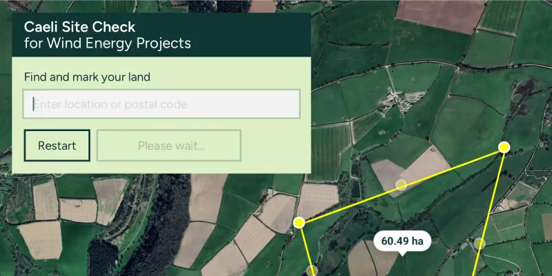 Digital Caeli site check tool for wind energy projects displayed on a map view.