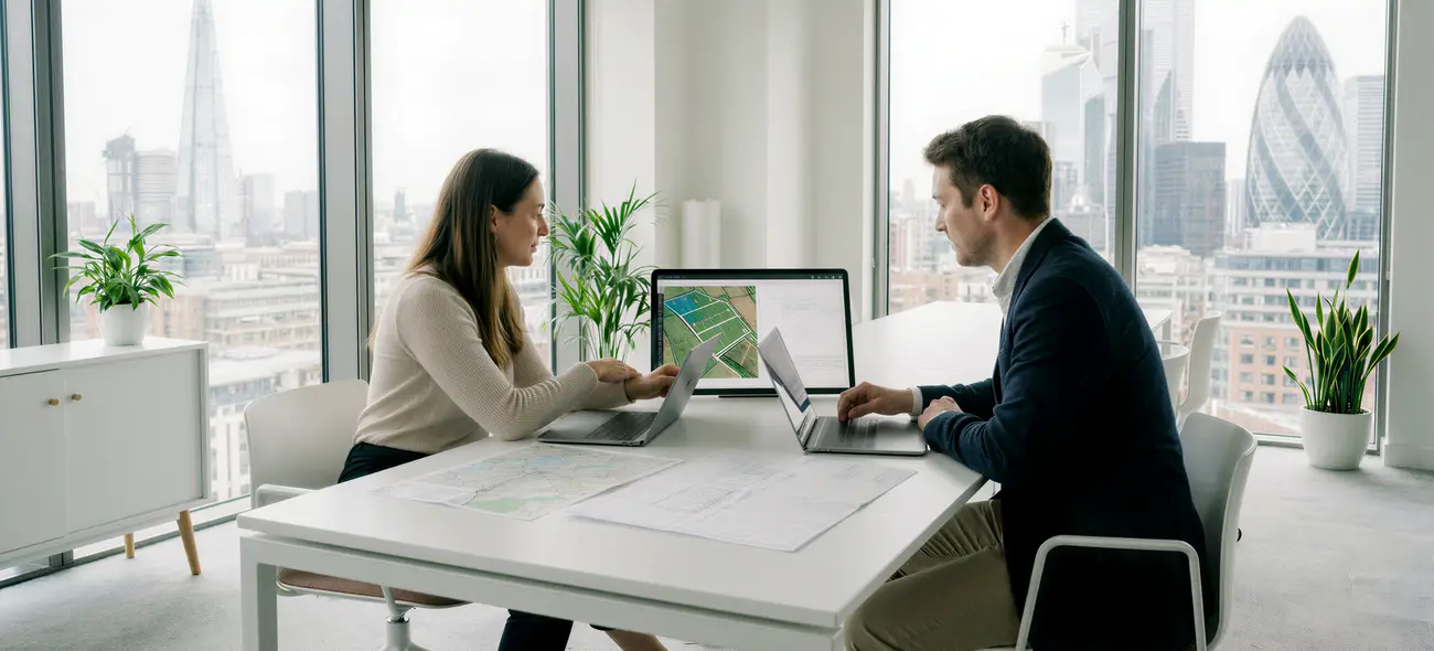 Project developers discuss wind farm site plans and development in a modern office.