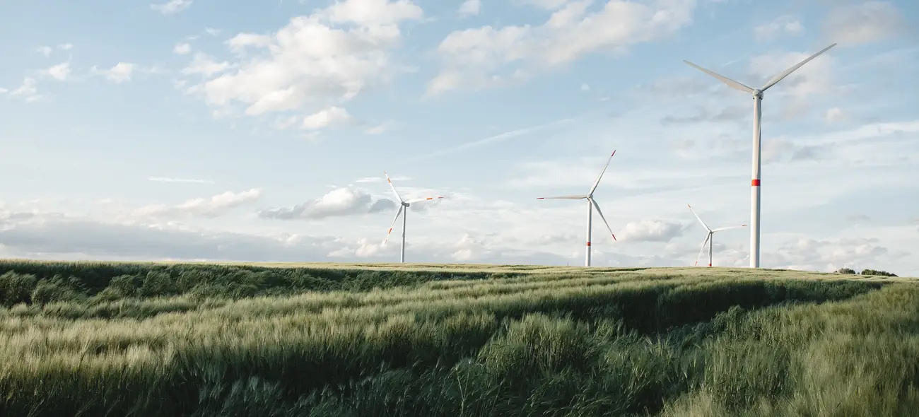 Wind turbines with multiple windmills , surrounded by green grass fields and sky on the horizon. Wind turbines with multiple windmills , surrounded by green grass fields and sky on the horizon.