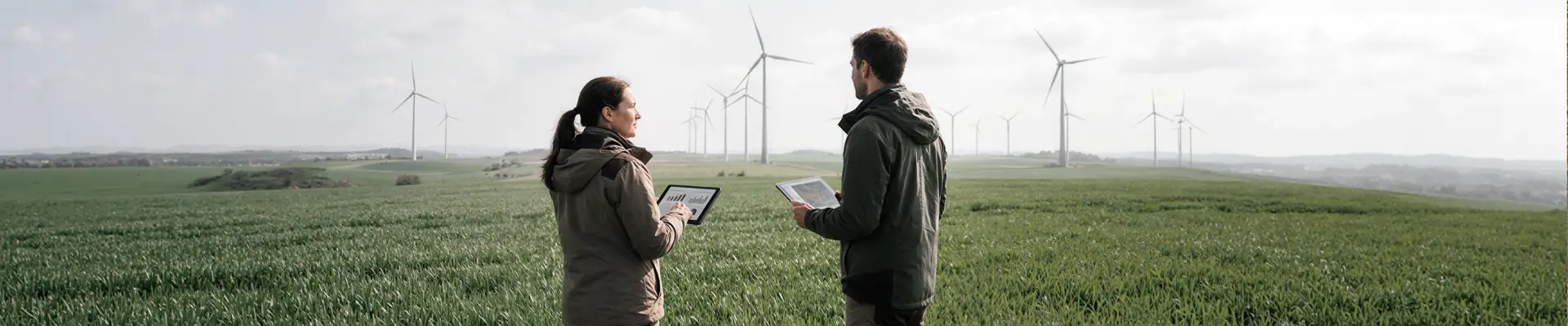 Project developers conducting a field assessment with digital tablets and wind turbines in the background.
